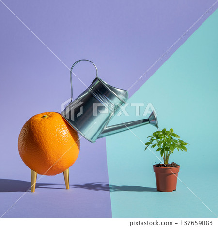 Creative setup with a watering can, an orange, and a small plant in a studio setting during bright light 137659083