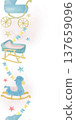 Seamless border vertical hand drawn watercolor illustration. Crib, baby stroller and rocking horse, with stars and flags . For decoration and design, posters, postcards, invitations baby shower 137659096