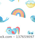 Watercolor multicolored seamless pattern rainbow, cute toy whale, cockerel and owl. Hand drawn nursery illustration suitable for children decor, textiles, wallpaper and playful prints, baby shower 137659097