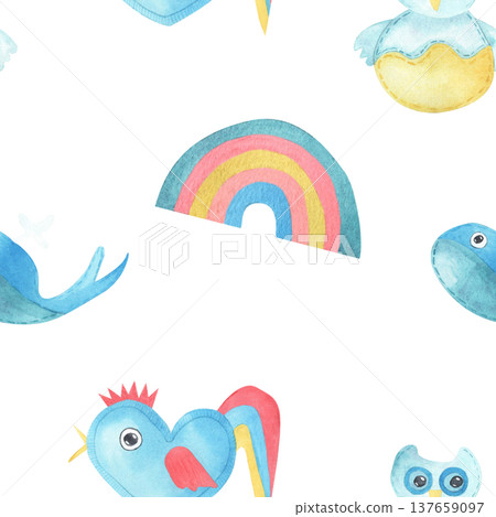 Watercolor multicolored seamless pattern rainbow, cute toy whale, cockerel and owl. Hand drawn nursery illustration suitable for children decor, textiles, wallpaper and playful prints, baby shower 137659097