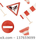 Watercolor seamless pattern with roadwork signs, barriers and traffic cones in red and white. Hand drawn transport-themed illustration suitable for educational prints, children decor, themed designs 137659099