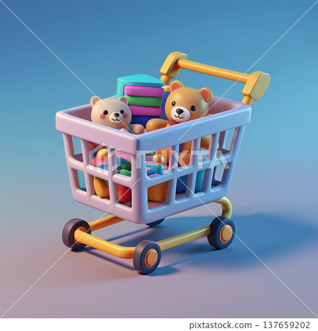Shopping cart filled with soft toys and blocks in a colorful setting during the day 137659202