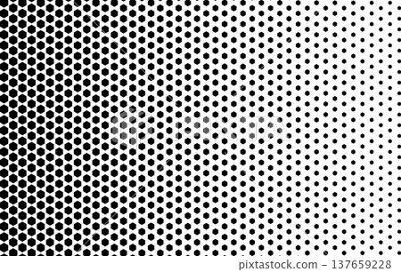 Repeated decreasing hexagons with halftone fading effect. Pattern with vanishing black honeycomb shapes on white background. Simple geometric print. Perforated structure. Vector graphic illustration Repeated decreasing hexagons with halftone fading effect. Pattern with vanishing black honeycomb shapes on white background. Simple geometric print. Perforated structure. Vector graphic illustration 137659228