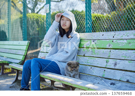 A teenage girl playing with a cute Pomeranian puppy in a park on a sunny spring day. 137659468