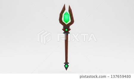 Fantasy magic staff with green gemstone on white background 137659480