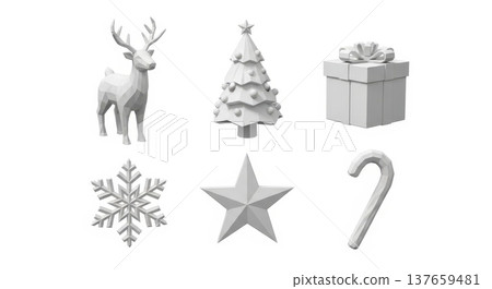 Minimalist geometric christmas icons deer, tree, gift, snowflake, star, candy cane 137659481