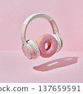Floating headphones with a pink donut in a pink setting create a vibrant and playful scene in art design 137659591