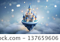 Floating castle with flags and lights above the clouds at night 137659606
