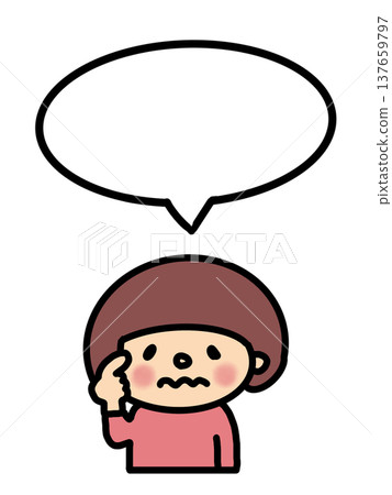 一個留著波波頭的女孩，用左手食指指著什麼，畫面中心是一個對話框。 137659797