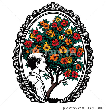Boy Profile With Blossoming Flower Tree raster 137659805