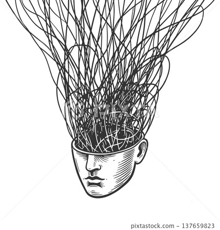 Human Head With Chaotic Thought Lines raster 137659823