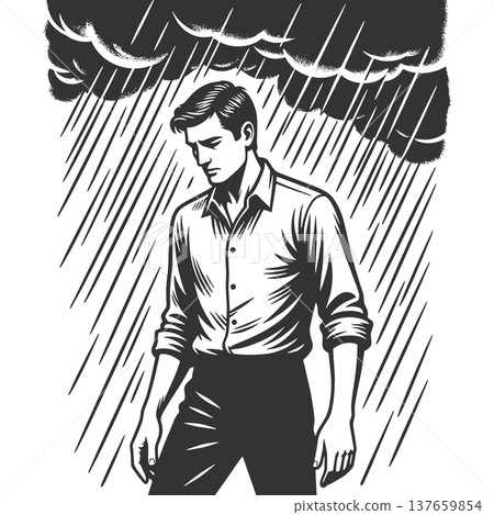 Sad Man Standing Alone In Heavy Rain vector 137659854