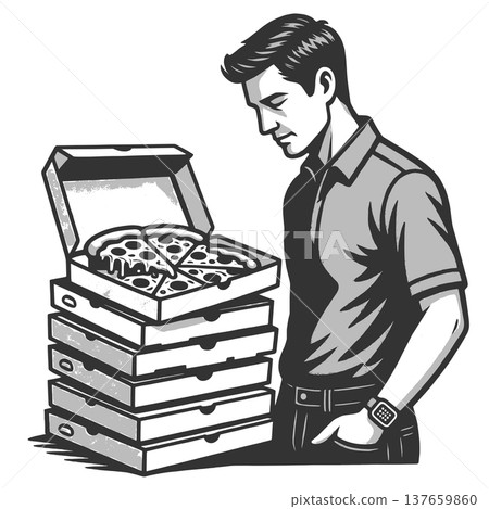 Disappointed Man Looking at Stack of Pizza Boxes 137659860
