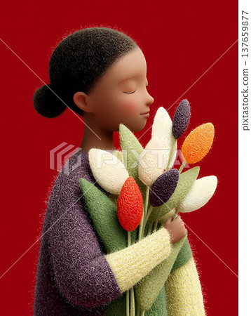 African American girl or young woman with a felted wool tulip bouquet. Fiber art style, purple fuzzy sweater or cardigan, peaceful mindfulness, Mother's Day, red background. This is AI-generated item 137659877