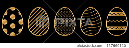 Set of decorative golden easter eggs with different patterns on dark background for happy spring celebration. Elegant vector illustration for greeting card, luxury invitation and design element 137660110