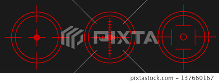 Set of circular red crosshair icons for aiming systems. Vector reticle graphics for shooter games, weapon optics, tactical HUD interfaces, combat targeting, and futuristic digital displays. 137660167