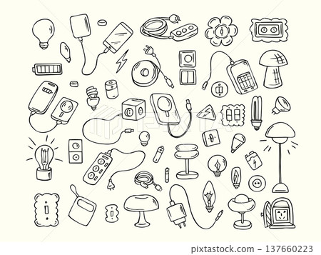 Hand drawn electricity and lighting doodle set with bulbs, plugs, cables and batteries 137660223