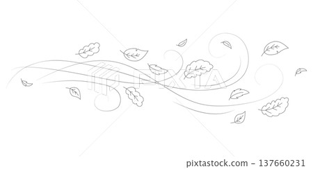 Doodle autumn leaves flying in the wind. Falling season outline backdrop, air flow leaves wave linear pattern or wind blowing doodle vector print. Autumn windy weather hand drawn monochrome background Doodle autumn leaves flying in the wind. Falling season outline backdrop, air flow leaves wave linear pattern or wind blowing doodle vector print. Autumn windy weather hand drawn monochrome background 137660231