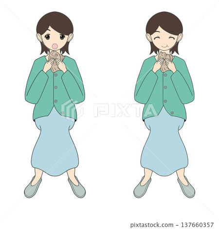 An illustration of a woman happily eating taiyaki (fish-shaped cake filled with red bean paste). (Japanese sweets street food) 137660357