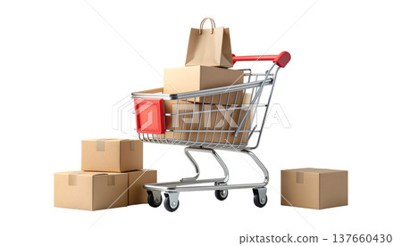 購物車裝滿了東西，紙箱成堆——這就是購物的景象。 137660430