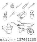 Hand drawn gardening tools line art set with wheelbarrow watering can gloves rake pruners trowel pots and twine isolated on white 137661135