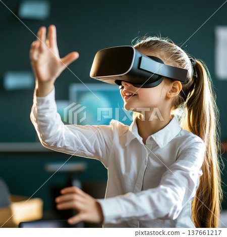 Girl engages in virtual reality experience while wearing a headset in a classroom setting during the day 137661217