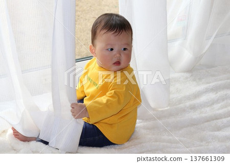 A 9-month-old baby sitting by the window A 9-month-old baby sitting by the window 137661309
