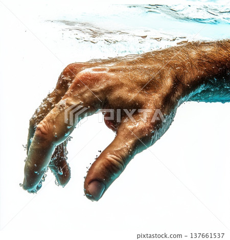 Hand reaching through clear water creating ripples and bubbles during a bright sunny day 137661537