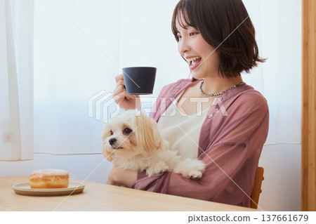 A woman's café time with her Maltese: A pet life with coffee and sweets. A woman's café time with her Maltese: A pet life with coffee and sweets. 137661679