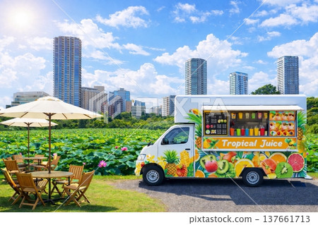 Lotus flowers in the lotus pond at Shinobazu Pond in Ueno and a food truck Lotus flowers in the lotus pond at Shinobazu Pond in Ueno and a food truck 137661713