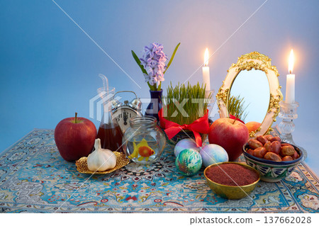Haft-sin table representing nowruz persian new year tradition 137662028