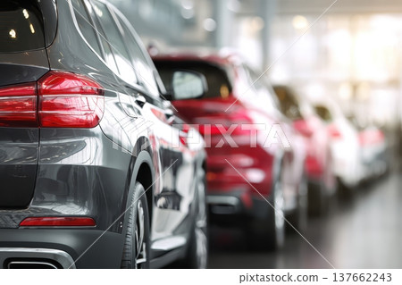 Dealer New Cars Stock. Cars For Sale Lot. Side view of luxury auto parked in a row. Selective focus on red, blue, gray shiny car. Car dealership showroom. Automotive industry sanction crisis concept. 137662243