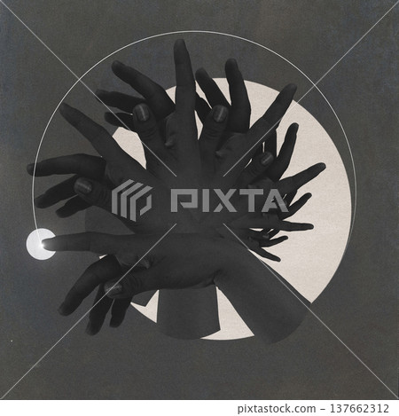 Human hands reaching bright light in surreal geometric collage 137662312