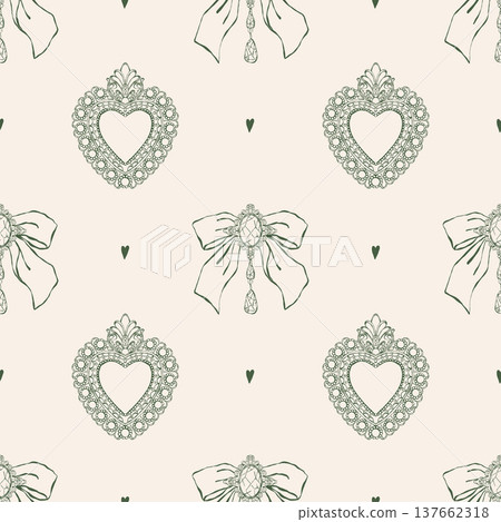 Seamless pattern of sketches of vintage womens jewelry, vector background, paper, and wallpaper. Girly retro accessories in the Rococo style. Brooches, pendants, bows, and pearls. Vector illustration 137662318