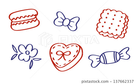 Retro dessert set with cupcake, biscuit, candy and heart cookie Retro dessert set with cupcake, biscuit, candy and heart cookie 137662337