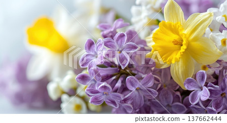 Floral Banner. Yellow, Purple Blooms on White Background. Spring flowers, daffodils and lilac for wedding invitations, greeting card or product mockup Colorful Flower Arrangement. Nature background 137662444