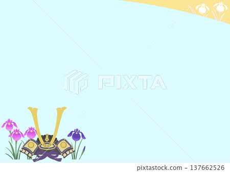 Horizontal poster vector illustration featuring a frame background with a helmet and irises for the Boys' Festival (Tango no Sekku). Horizontal poster vector illustration featuring a frame background with a helmet and irises for the Boys' Festival (Tango no Sekku). 137662526