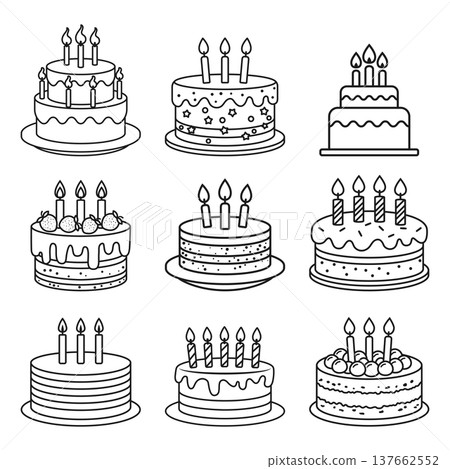 Happy birthday cake icon set collection in outline stroke flat style. Pie with candles vector illustration on isolated background. Sweet dessert sign business concept. Happy birthday cake icon set collection in outline stroke flat style. Pie with candles vector illustration on isolated background. Sweet dessert sign business concept. 137662552