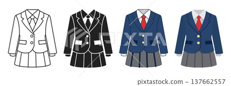 Girl school uniform icon set collection in flat style. Education wear vector illustration on isolated background. Woman garment sign business concept. Girl school uniform icon set collection in flat style. Education wear vector illustration on isolated background. Woman garment sign business concept. 137662557