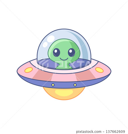 UFO spaceship colorful icon in flat style. Spacecraft vector illustration on isolated background. Futuristic transport sign business concept. UFO spaceship colorful icon in flat style. Spacecraft vector illustration on isolated background. Futuristic transport sign business concept. 137662609