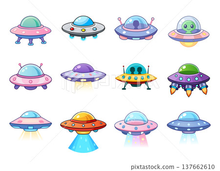 UFO spaceship colorful icon set collection in flat style. Spacecraft vector illustration on isolated background. Futuristic transport sign business concept. 137662610