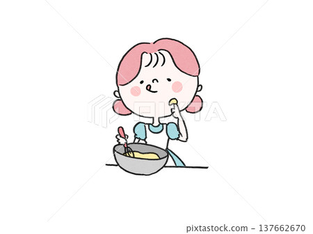 An illustration of a girl tasting homemade pastry dough in a bowl (baking). An illustration of a girl tasting homemade pastry dough in a bowl (baking). 137662670
