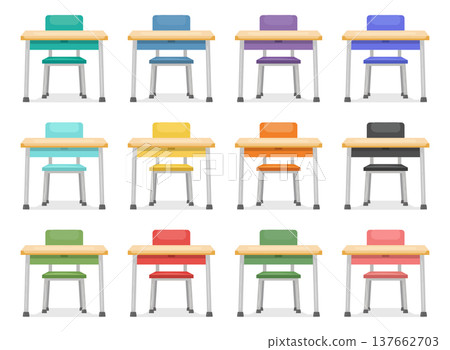 School desk icon set collection in cartoon flat style. Education chair and table vector illustration on isolated background. College furniture sign business concept. School desk icon set collection in cartoon flat style. Education chair and table vector illustration on isolated background. College furniture sign business concept. 137662703