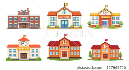 School building icon in cartoon flat style. Education house vector illustration on isolated background. College and institute sign business concept. School building icon in cartoon flat style. Education house vector illustration on isolated background. College and institute sign business concept. 137662720