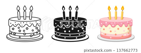 Happy birthday cake icon set collection in flat style. Pie with candles vector illustration on isolated background. Sweet dessert sign business concept. Happy birthday cake icon set collection in flat style. Pie with candles vector illustration on isolated background. Sweet dessert sign business concept. 137662773