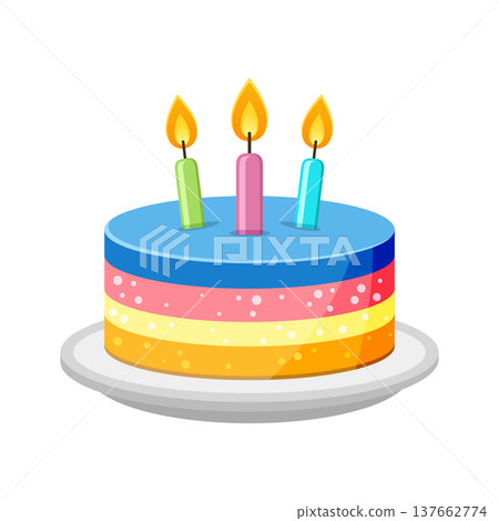 Happy birthday cake icon in colorful flat style. Pie with candles vector illustration on isolated background. Sweet dessert sign business concept. Happy birthday cake icon in colorful flat style. Pie with candles vector illustration on isolated background. Sweet dessert sign business concept. 137662774