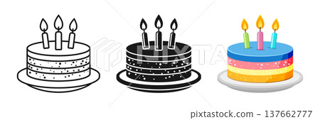 Happy birthday cake icon set collection in flat style. Pie with candles vector illustration on isolated background. Sweet dessert sign business concept. Happy birthday cake icon set collection in flat style. Pie with candles vector illustration on isolated background. Sweet dessert sign business concept. 137662777