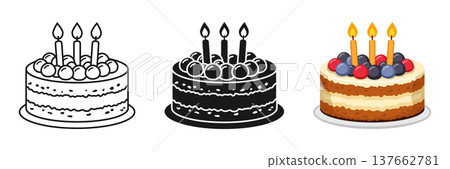 Happy birthday cake icon set collection in flat style. Pie with candles vector illustration on isolated background. Sweet dessert sign business concept. Happy birthday cake icon set collection in flat style. Pie with candles vector illustration on isolated background. Sweet dessert sign business concept. 137662781