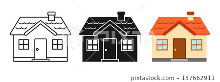 House icon set collection in cartoon flat style. Home exterior vector illustration on isolated background. Cottage sign business concept. House icon set collection in cartoon flat style. Home exterior vector illustration on isolated background. Cottage sign business concept. 137662911