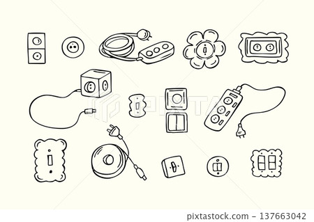 Hand drawn electrical outlets, plugs and extension cords doodle icon set 137663042